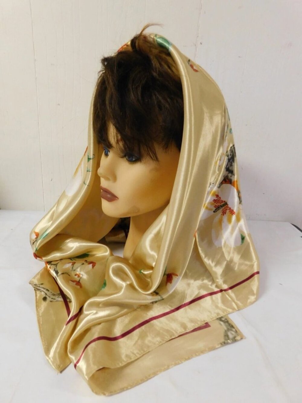 Vintage Ladies Scarf Shimmering Floral on Gold 33 " Square